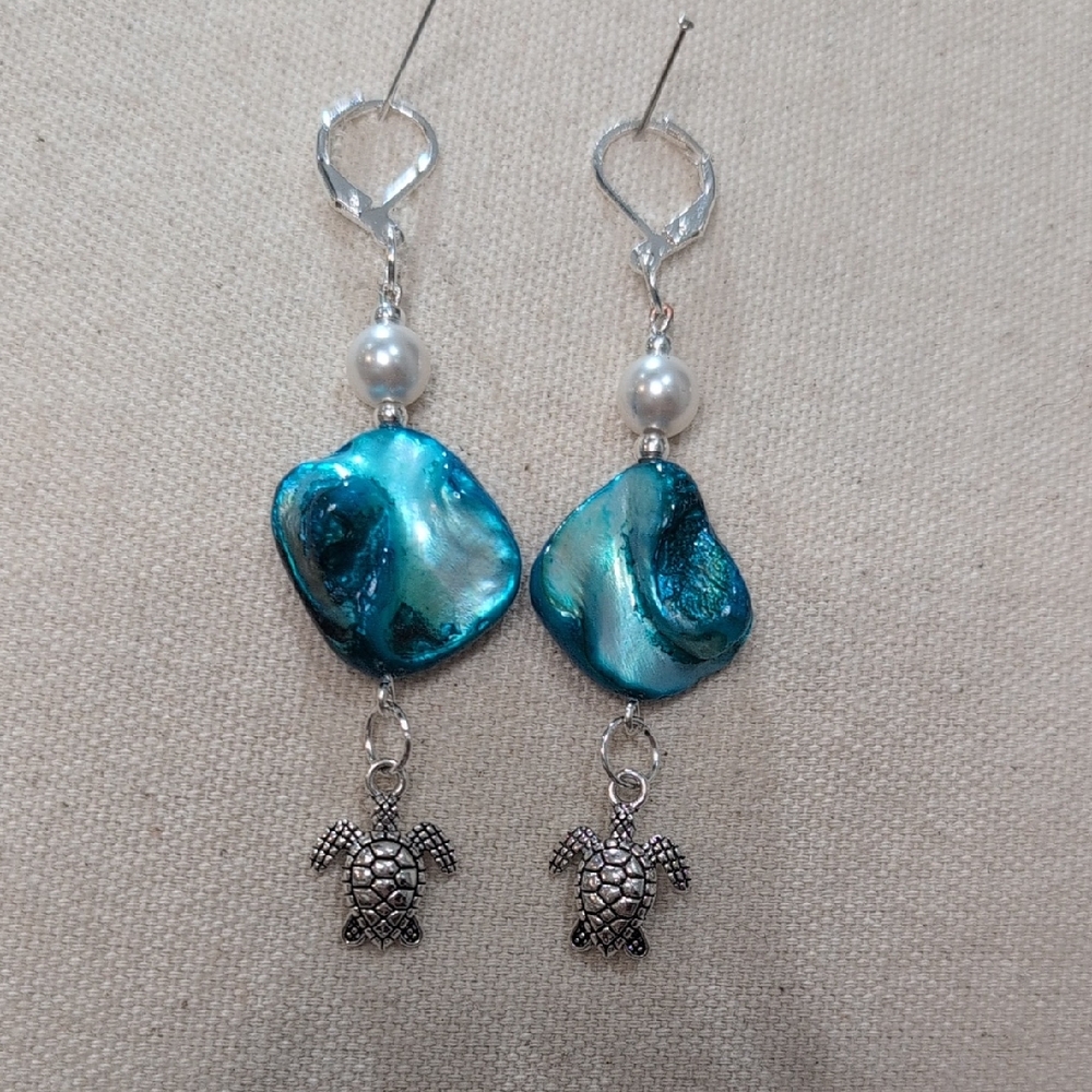 Turtle, Glass Pearl & Blue Shell Drop Earrings -handmade